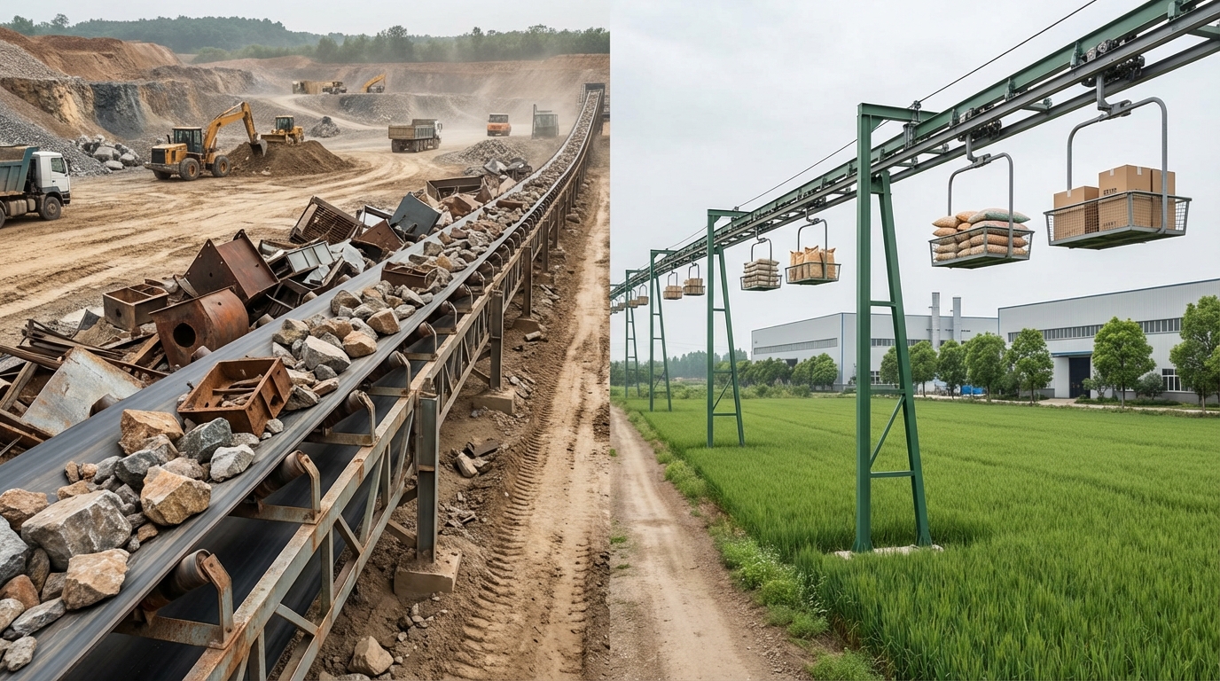 découvrez comment choisir entre un convoyeur à terre ou aérien en fonction de la nature et du volume de vos matériaux pour optimiser votre transport industriel.